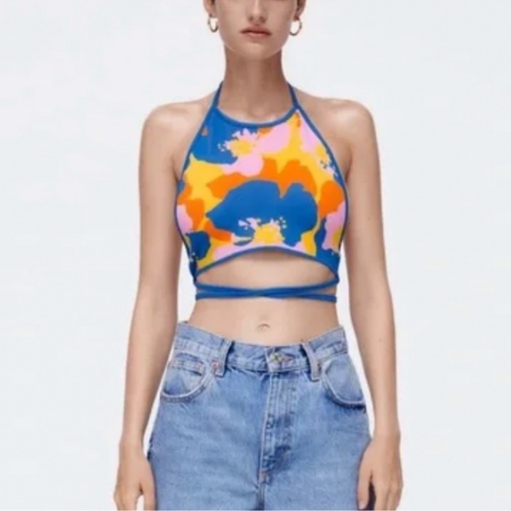 NWOT Zara Open back tie halter colorful crop top
